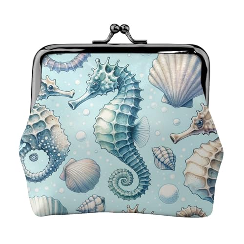 Pu Leather Buckle Coin Purse Watercolor-Seahorse-Seashells Girls Kiss-Lock Change Purse Wallets