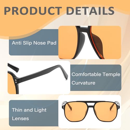 SquishyWorld Retro Sonnenbrille Herren Damen 70er Style Pilotenbrille Orange Gläser Schutz Vintage Große Rechteckige Sonnenbrillen für Autofahren Party Festival Schwarz Glänzend 1 Stück