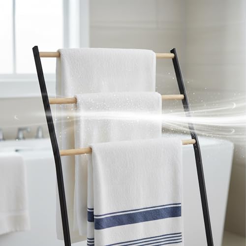 Toallero de pie para baño con 3 barras negras de hierro y medidas 86x58x30cm 6