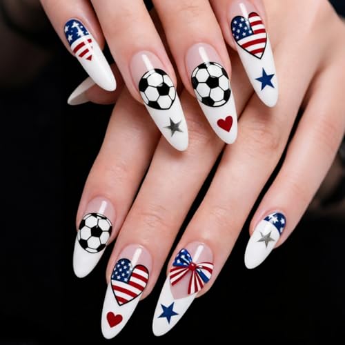 Image of Soccer Flag Press on Nails Medium Almond Fake Nails with Patriotic Football Design Reusable Glossy Full Cover World Cup Stick on Nail for Women Manicure 24Pcs