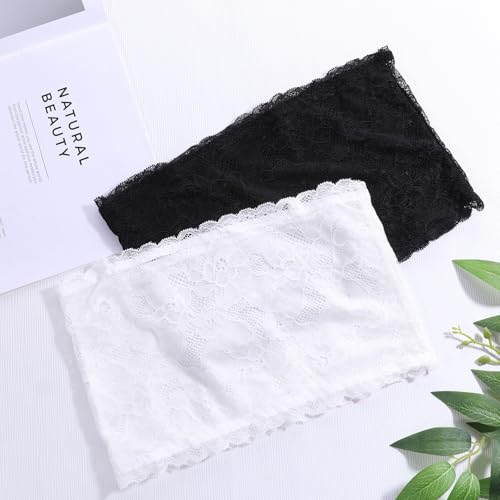 Lace Tube Top Bra, 2 Pcs Strapless Lace Bandeau Bra for Low Cut Dress Front Stretch Bralette for Low Neckline Cleavage Cover (White, Black)4