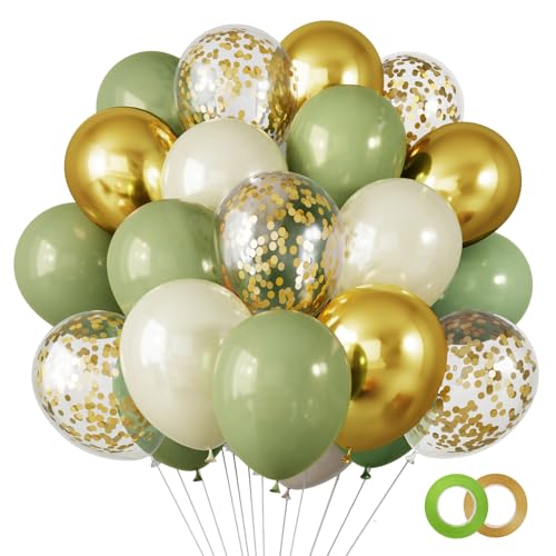 RUBFAC 65 Pcs 12 Inches Sage Green Gold Confetti Balloons Kit, Green Gold Sand White Party Balloons...