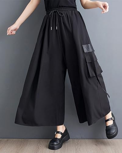 ellazhu Women's Pants Drawstring Solid Wide Leg Flowy Hem Casual Loose GZ417 A4