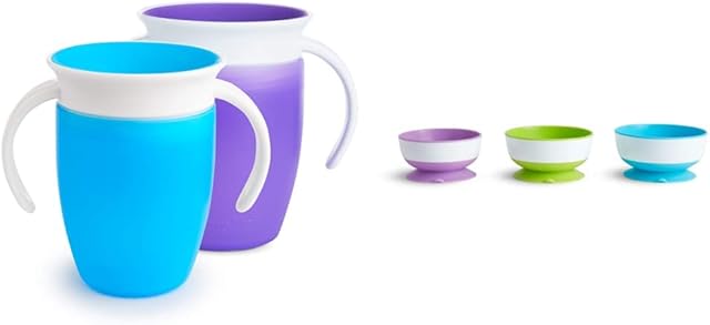 Munchkin Miracle 360 Cup, Baby and Sippy Cup, Ideal Sippy, Water and Weaning Cup 6+ to 12 Months, 7 oz/207 ml, Blue & Purple,Pack of 2 & Stay Put Suction Bowls, Pack of 3, Blue/Green/Purple