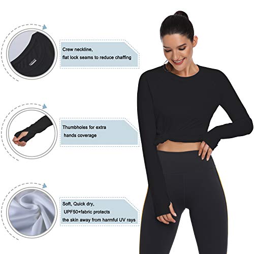 HISKYWIN Women's UPF 50+ Sun Protection Long Sleeve Outdoor T-Shirt Athletic Top Rashguards Black-L