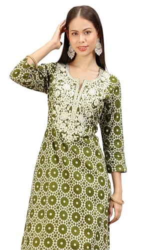Image of Cotton Culture Mehndi Green Jaipuri Cotton Embroidered Straight Kurta