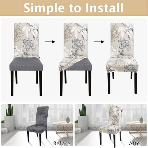 Image of SearchI Printed Dining Room Chair Covers Set of 4, Stretch Kitchen Chair Covers Washable Parsons Chair Slipcover Removable Dining Chair Protectors for Hotel,Ceremony(Flower Pattern3)