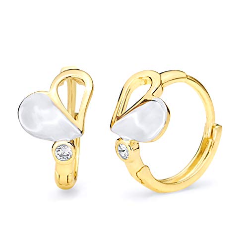 14k REAL Two Tone Gold 6mm Thickness Heart CZ Hinged Hoop Huggie Earrings (10 x 10 mm)