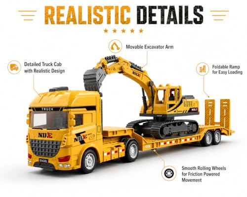 Image of Friction Powered Construction Transport Truck with Excavator Toy for Kids | Car Carrier Trucks with Movable Arm & Detachable Trailer| Engineering Vehicle for Boys & Girls (Multicolor)