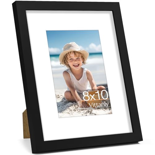 Vittanly 8x10 Picture Frame, Made of Solid Wood and Shatterproof Plexiglass, Display Pictures 5x7 with Mat or 8x10 without Mat, Wooden Photo Frame for Wall Mounting or Tabletop Display, Black, 1 Pack