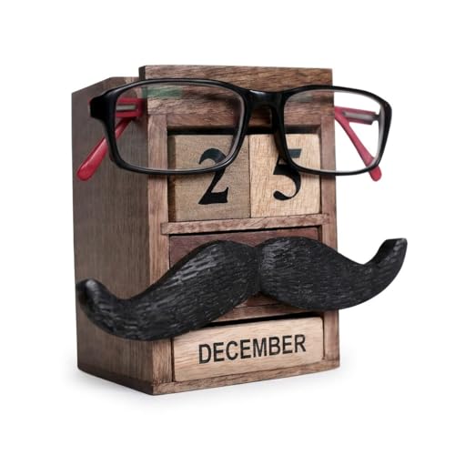storeindya Pen Pencil Stand Holder - Spectacle Eyeglass Holder Stand Multi Organizer Calendar Wooden Display Stand Mustache Handcrafted Design