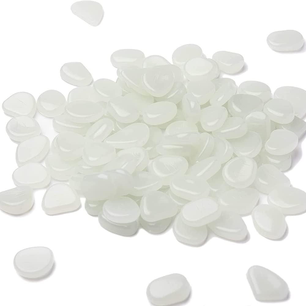 Muzero Glow in The Dark Rocks - 100pcs White Glowing Pebbles Luminous Stone for Fish Tank, Garden Yard, Path Patio Aquariums Rocks Decorations Powered by Light or Solar