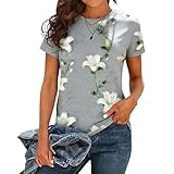 Womens Floral Boho Summer Tops Short Sleeve Basic Tees Casual Crew Neck T Shirts Trendy Fashion 2026 Vacation Outfits Gray