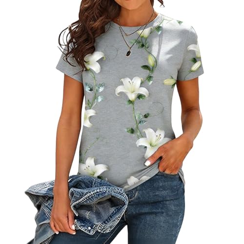 Womens Floral Boho Summer Tops Short Sleeve Basic Tees Casual Crew Neck T Shirts Trendy Fashion 2026 Vacation Outfits Gray