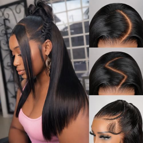 13x6 Bob Wig Human Hair Lace Front Wigs 100% Brazilian Remy Hair Glueless Pre Plucked with Baby Hair HD Transparent Straight Lace Frontal Wigs for Black Women-180% Density Natural Color 14 Inch
