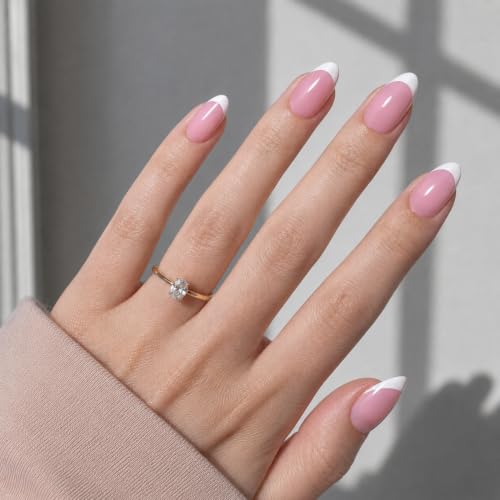 White French Tip Press On Nails, Short Almond Glossy Reusable Set, 32 Count