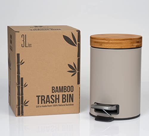 Kazai. 3L Designer Bathroom Bin | Superior Bamboo | Soft Closing | Anti-Finger | Light Gray (Warm) #TOP6