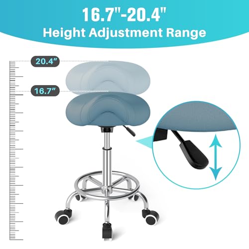 Image of YEEZEE Saddle Stool Ergonomic- Comfortable Rolling Saddle Stool with Wide Thick Saddle Seat Padding, Swivel Adjustable Saddle Chair with Wheels and Ring Pedal for Medical Massage Salon (Blue)
