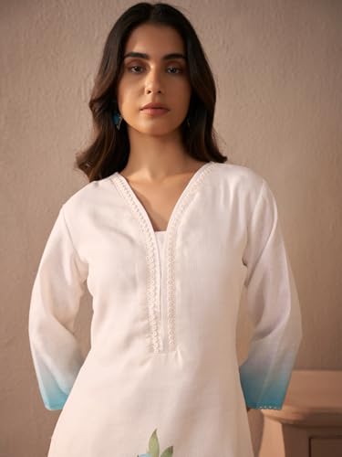 Image of INDO ERA Women's Straight Linen Floral Print Sequins work Kurta Pant with Dupatta Set
