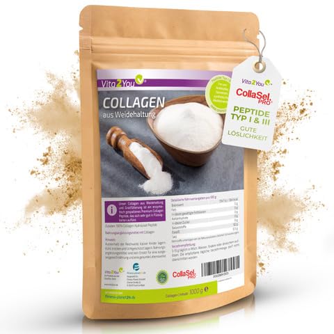 Vita2You Collagen Pulver 1kg - Bioaktives Kollagen - 100% CollaSel Pro® - aus Weidehaltung und Grasfütterung - Hydrolysat Peptide Typ 1 und 3 - Eiweiss -1000g - Premium Qualität