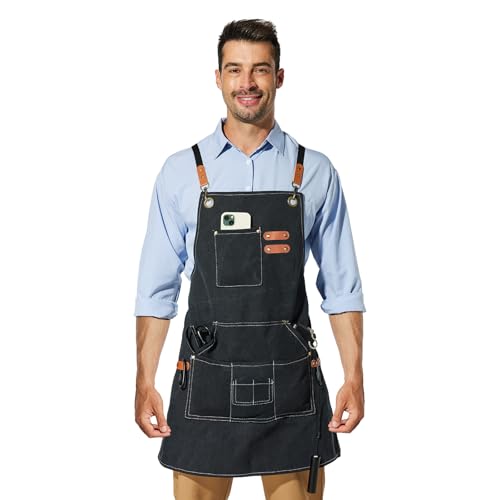 Chef Apron for Men Women with 7 Tool Pockets, Cotton Canvas Cross Back Water-resistant Work Apron, Size M to XXL Black