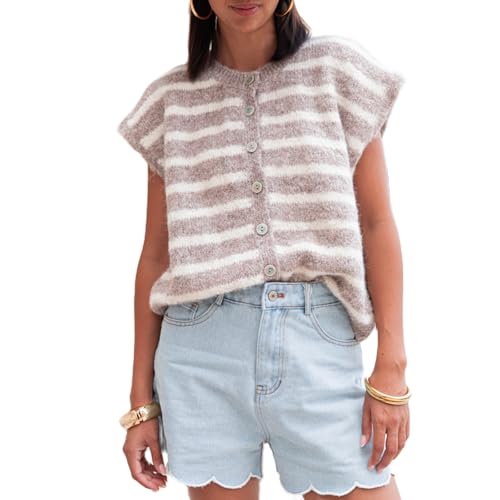 Amiblvowa Women Cap Sleeve Sweater Vest Button Up Striped Sleeveless Knit Cardigan Crewneck Y2K Cute Knitwear Tank Top