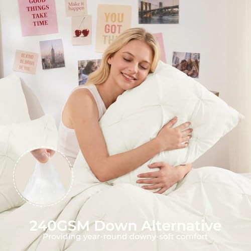 Image of Sasttie Twin Comforter Set, 5-Piece Bed in a Bag, Pintuck Bedding Sets for All Season, Includes Comforter, Flat Sheet, Fitted Sheet, Pillowcase and Pillowsham, Ivory