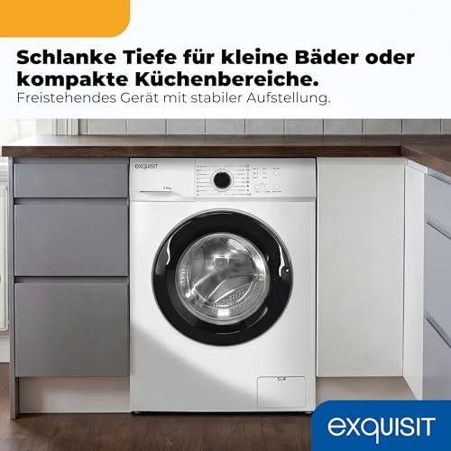 Exquisit Waschmaschine | 6 kg Nennkapazität, 1000 U/Min, Energieklasse A, 76 dB(A), 85 x 60 x 44 cm | 16 Programme, Eco 40-60, Kurzprogramm, manuelle Temperaturwahl, Aquastop | WA56110-020A weiss