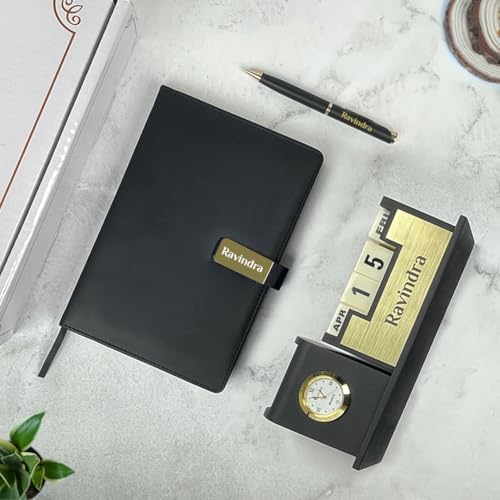 Image of Giftana Personalized Desk Organizer with Notebook Diary Pen with Name, Customized Employee Welcome Kit, Personalised Gift for Doctors, 3 in 1 Customised Diwali Corporate Gift Set for Employee (Black,Golden)