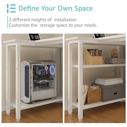 Lufeiya White L Shaped Computer Desk with Drawers & Storage Shelves, 63 Inch Reversible Corner Desk with Power Outlet for Home Office Bedroom, L-Shaped Teen PC Desks with Fabric Drawer, White