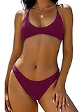 ZAFUL Women's Tie Back Padded High Cut Bralette Bikini Set Two Piece Swimsuit (1-Plum Velvet, S)