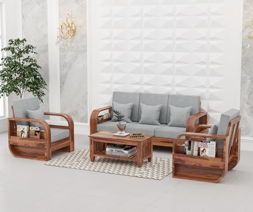 Image of Sheesham Wooden 5 Seater Sofa Set for Living Room | Solid Wood Sofa | Rosewood Sofa Set for Home & Office | Lounge (Honey,Grey,3+1+1 Seater)