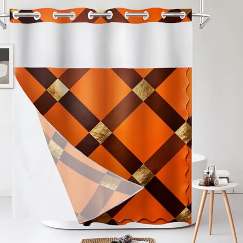 Shrahala Vibrant Orange Checkered Shower Curtain with Snap in Liner Set, Dark Brown Golden Geometric No Hooks Stall Curtain Waterproof for Bathtubs Magnetic Hem 71 X 86 in