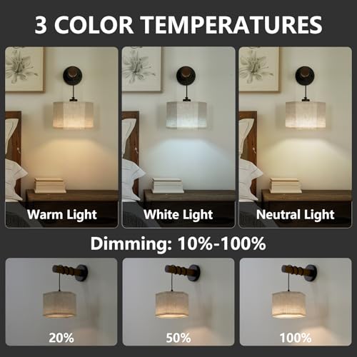 Image of XSDeTu Battery Operated Wall Sconces Set of 2, Modern Rechargeable Wall Mounted Lamps with Remote Control, Adjustable 3 Colors Dimmable Wall Lights for Bedroom, Wooden Arm, Hexagonal Fabric Shade