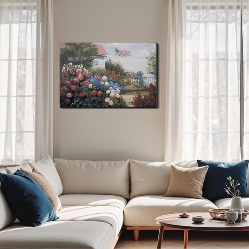 Image of Framed American Flag Cottage Rose Garden Wall Art, Patriotic Floral Canvas Art Pictures, USA Flag Wall Decor for Living Room Bedroom Bathroom, Ready to Hang Made in USA