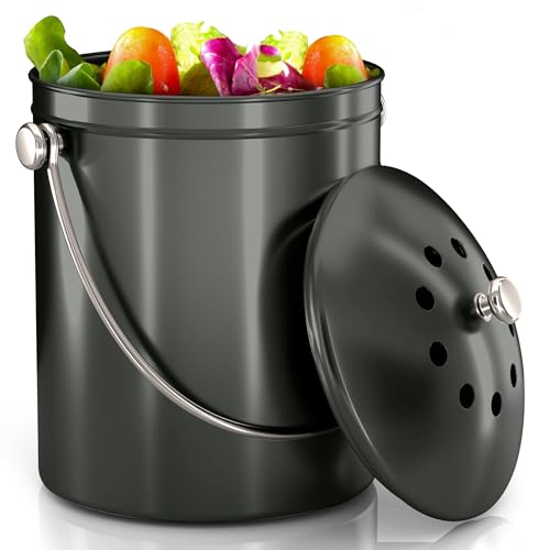 Kitchen Compost Bin for Kitchen Countertop, 1.3 Gallon Compost Bucket for Kitchen with Lid, Includes 1 Spare Charcoal Filter (Grey)