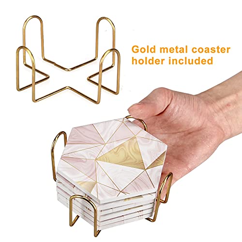 6 Pack Pink Marble Coasters with Holder Gold Absorbent Drink Unique Coaster Cute Ceramic Table Coaster Set Funny Kitchen Accessories Decorative Bar Coster Modern Coffee Table Decor Cup Coasters by Deceram - Image 7