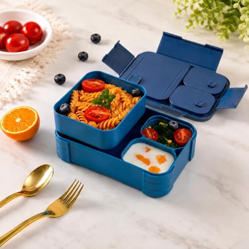 Image of daiDokoro 3 Compartment Bento Lunch Box with Removable Containers | Compact Leak-Proof, Microwave & Dishwasher Safe Tiffin for Office Use, School & Travel (Dark Blue, 1040 ML)