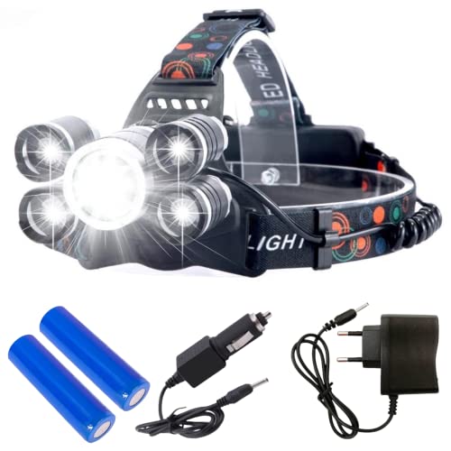 Linterna Frontal Led Recargable, 5 Led de Alta Potencia 4 Modos de Luz, Bateria 6800 Mah, Correa Ajustable para la Cabeza para Running, Camping, Pesca, Trail (5 Led) Cover