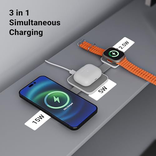 Image of Zebronics 3 in 1 Wireless Foldable Charging Pad, 23W Output, MagSafe Compatible, Fast Charging, Built-in Protection, FOD, 1m Type-C Cable, for iPhone 16 /15 /14 /13 /12 Series (MagBoost 20, Matt White)