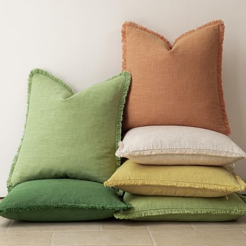 Image of Foindtower Set of 2 Decorative Linen Fringe Throw Pillow Covers Cozy Boho Farmhouse Cushion Cover with Tassels Soft Accent Pillowcase for Couch Sofa Bed Living Room Home Decor,18x18 Inch,Dusty Orange