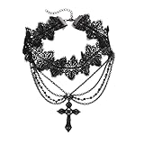 Collar con colgante, collar de cadena gruesa de encaje negro gótico multicapa para mujer, gargantilla vintage con colgante de cruz para Halloween, joyería rave