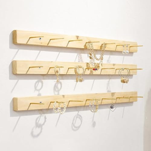 Wall Mounted Wood Necklace Hanger & Jewelry Organizer, 3-Piece Hanging Rack for Bracelets, Rings, Keyrings & Bangles - Stylish Display Shelf for Clothing & Accessories (60cm)