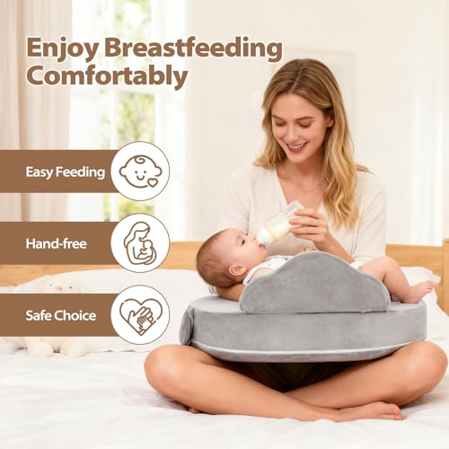ACGROW Nursing Pillow - Memory Foam Bottle & Breastfeeding Pillow with Safety Fence - Ergonomic Support, with Wider Breast Feeding Cushion, Adjustable, Removable Cover, Baby Safety Certified Gray - Thumbnail 7