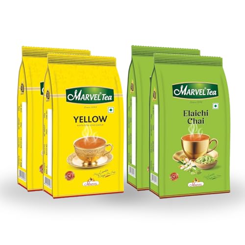 Image of Marvel Tea 1Kg Combo of 2 (Yellow 2X250g + Elaichi 2X250g), Aromatic & Gently Rolled Kadak CTC, Handpicked Strong Chai from Assam & Darjeeling, Refreshing Aroma & Rich Taste
