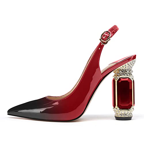 Image of JANSEVEN Women Chunky Heels Pumps Crystal Block Heels with Rhinestones Pointed Toe Sexy Gradient Patent Leather Slip on Bridal Party Wedding Dress Shoes 5-13 M US