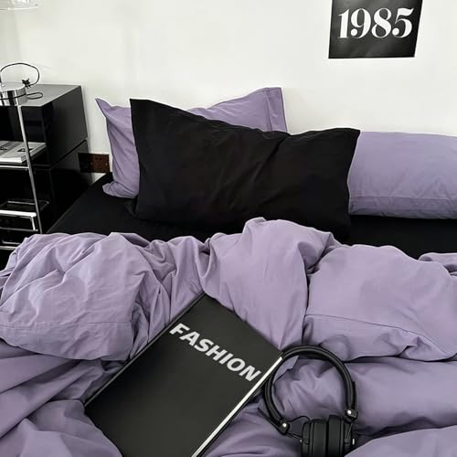 Image of mixinni Solid Purple Duvet Cover Set Queen Size - 100% Washed Cotton 3-Piece Minimalist Bedding Set, Ultra Soft Breathable Solid Color Purple Comforter Cover with Zipper & Corner Ties, Full Size