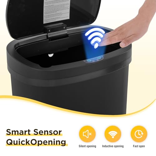 Image of BestOffice | 13 Gallon Plastic Trash Can with Lid | Dark Black | Automatic Touchless Garbage Can | Odor Control | Modern Oval Design | Easy to Clean | For Kitchen, Bathroom, Office or Home