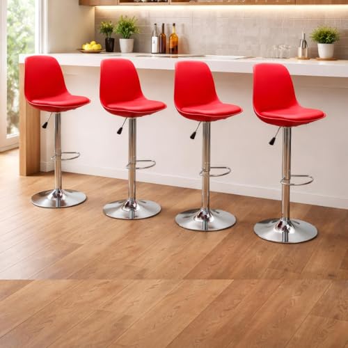 Image of DIYA Seating Solutions 360 Revolving Adjustable Height Bar Stool Chair with Chrome Metal Base & Footrest for Kitchen, Dining, Cafe | 1 Year Warranty | Leatherette Upholstery- Red (Pack of 4)