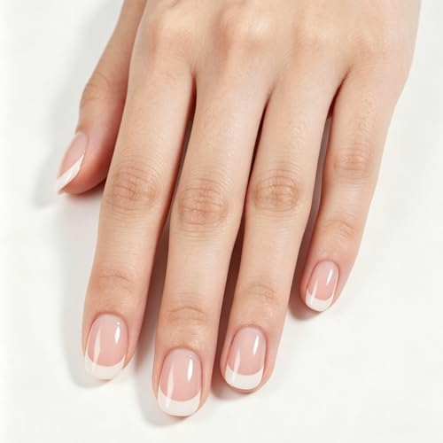 ELEVENAIL Natural Glossy Nude Pink White Press on French False Nails Short Round Fake Nails Tips Salon Manicure Reusable DIY Artificial Nails Art for Women Girls